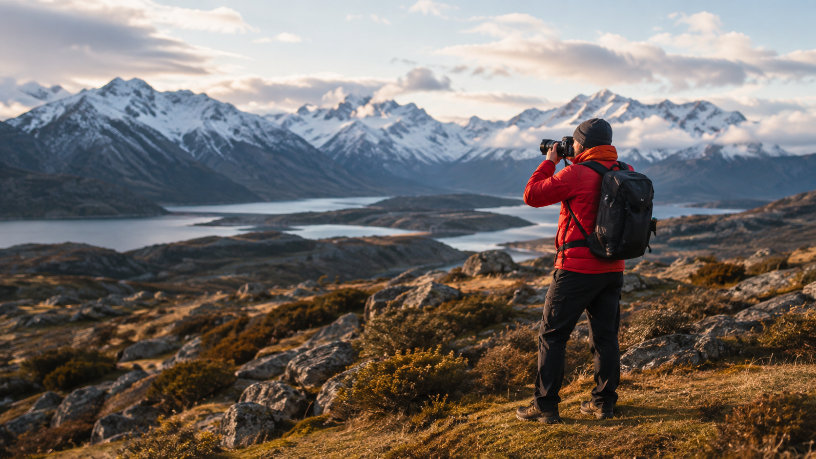 Photographer overlooking mountains and a lake